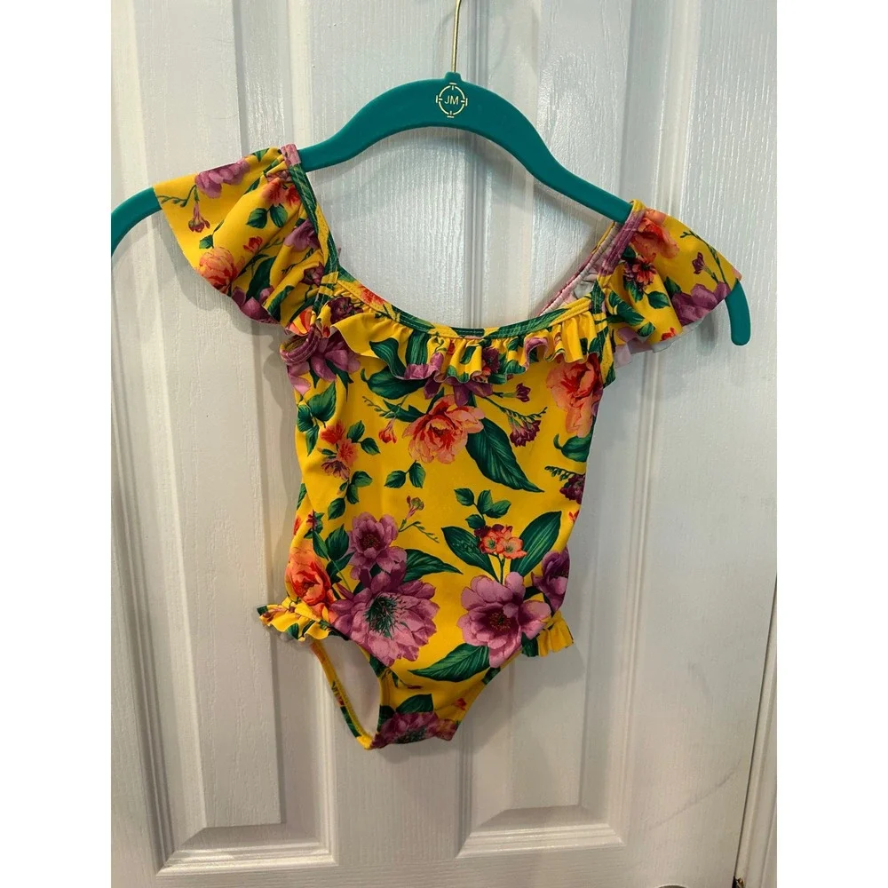 Janie and Jack Swimsuit‎ Yellow Floral Ruffle One Piece Swimwear Size 3 bin A